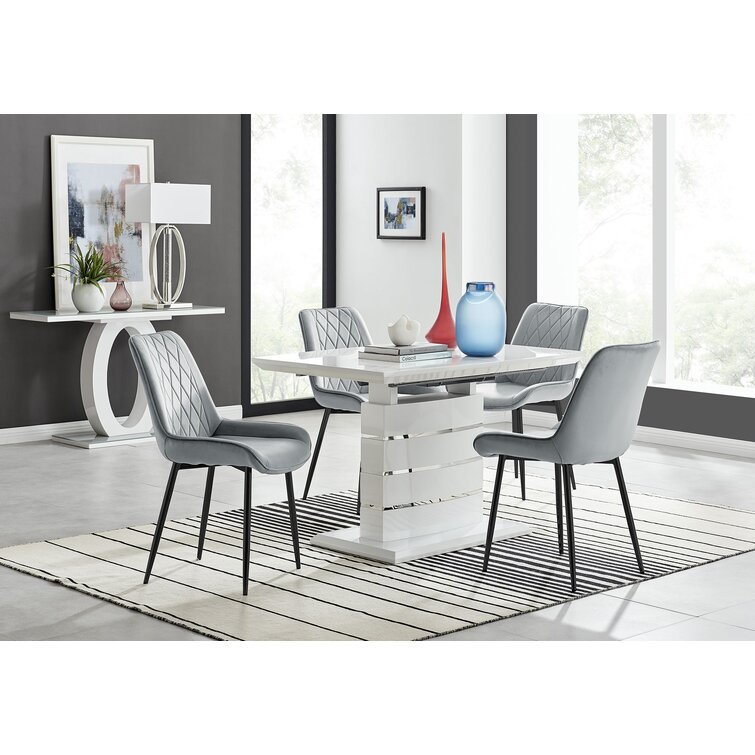 Everson High Gloss 4 Seat Extendable Dining Set with Luxury Velvet Upholstered Dining Chairs